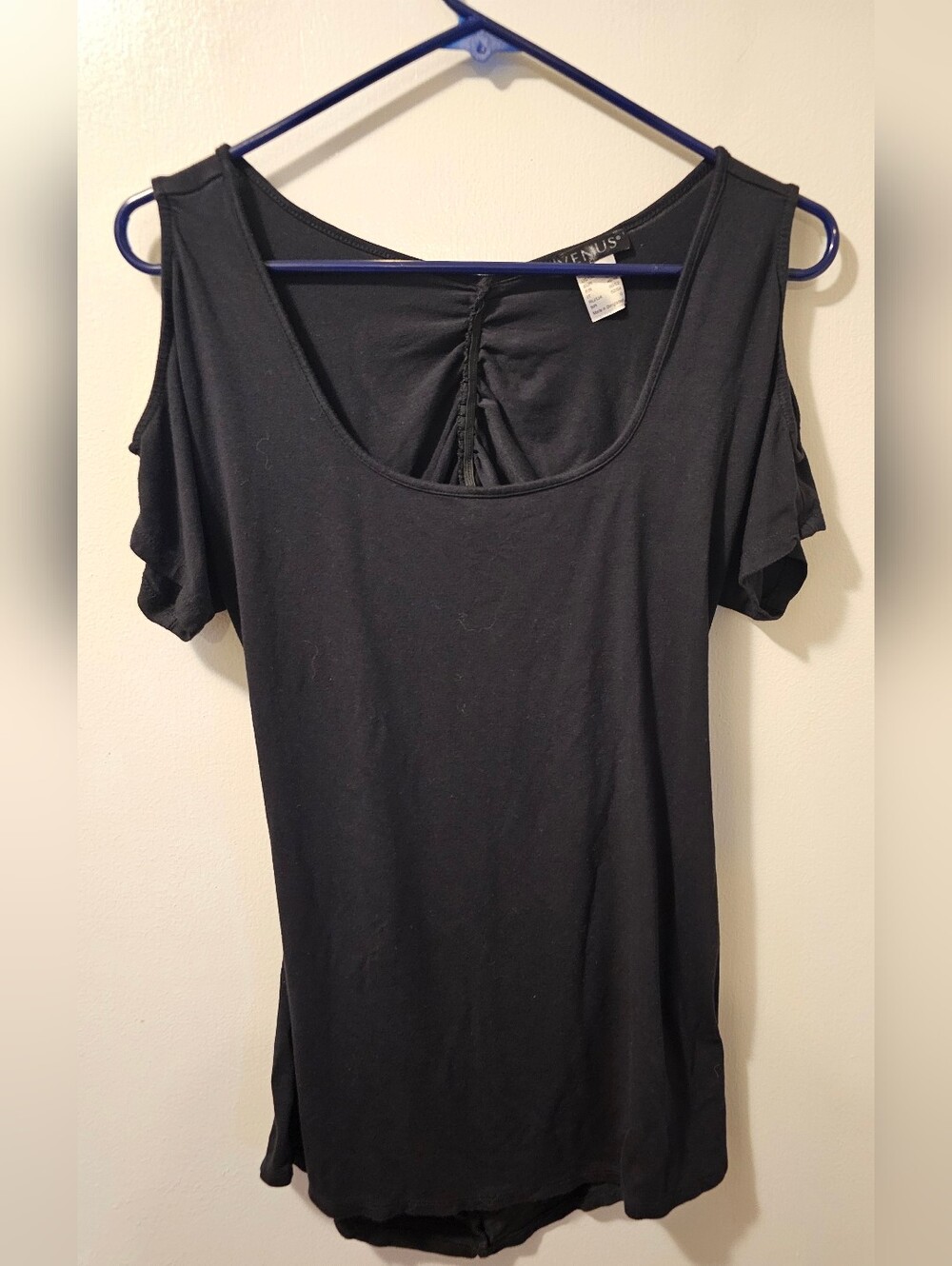 Venus Cold Shoulder Part Open Back Top Black Stretch Short Sleeve Women's Size L